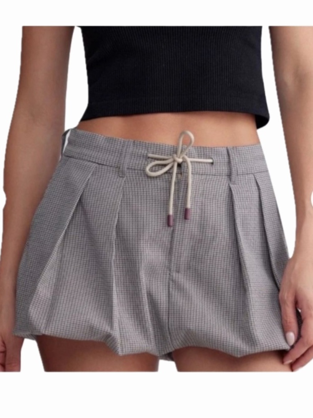 ZARA WOMENS M HOUNDSTOOTH BUBBLE HEM MINI SKIRT W/ DRAWSTRING WAIST